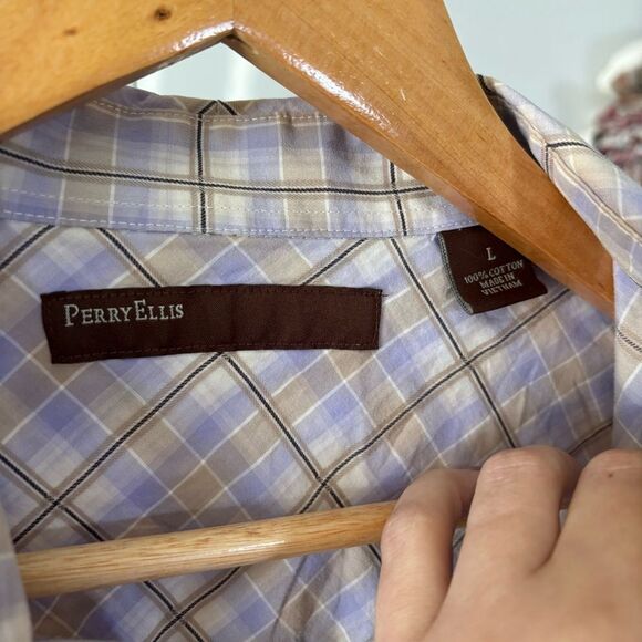 PERRY ELLIS Men's Plaid Shirt - lavender & tan plaid button down shirt LARGE - Picture 2 of 7